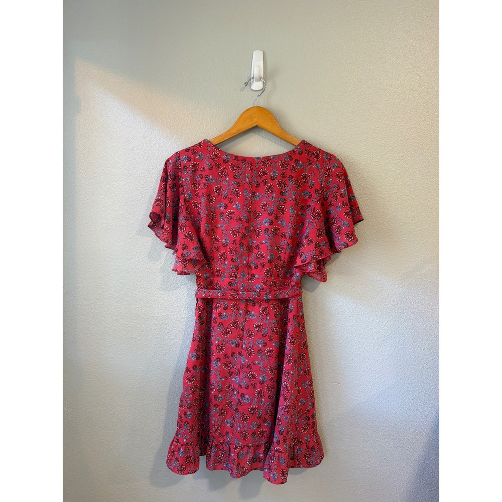Jack by BB Dakota Wrap Dress Women Size 4 Red Floral Flutter Sleeve Ruffle Mini - Picture 5 of 9